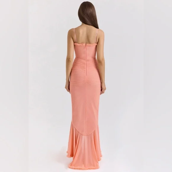 House of Cb Gabbi Peach Ruffle Front Gown Mesh High-Low Cocktail Dress NWOT M - Picture 6 of 11